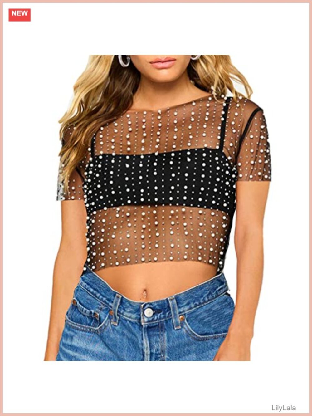 Pearl Rhinestone Sheer Mesh Crop Tee Short Sleeve Slim Fit Top